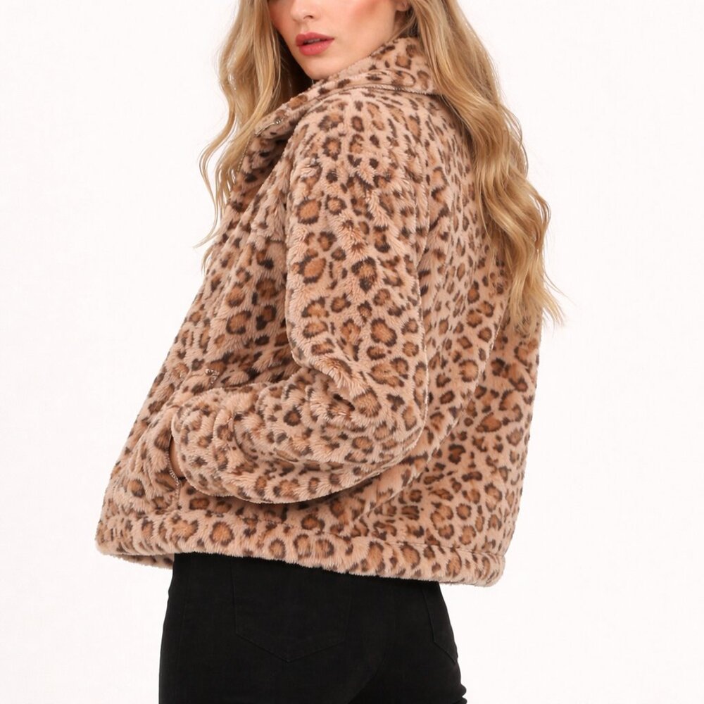 Leopard Faux Fur Jacket Women Plush Zip Front Winter Coat - Picture 4 of 9